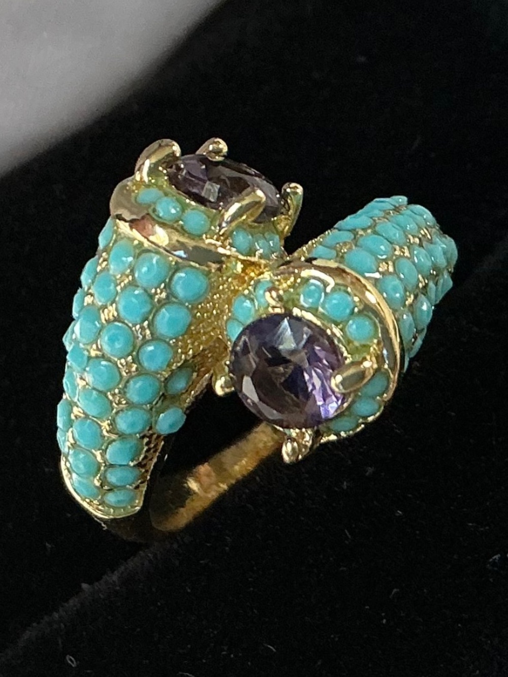 Sterling Silver Bypass Ring Gold Tone Amethyst Turquoise Pavé Style 925 - Picture 14 of 16